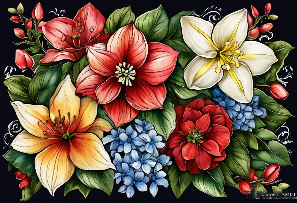 Hydrangea, Narcissus, Poinsettia, Holly, Gladiolus, Poppy, Daisy, Sweet Pea floral tattoo idea