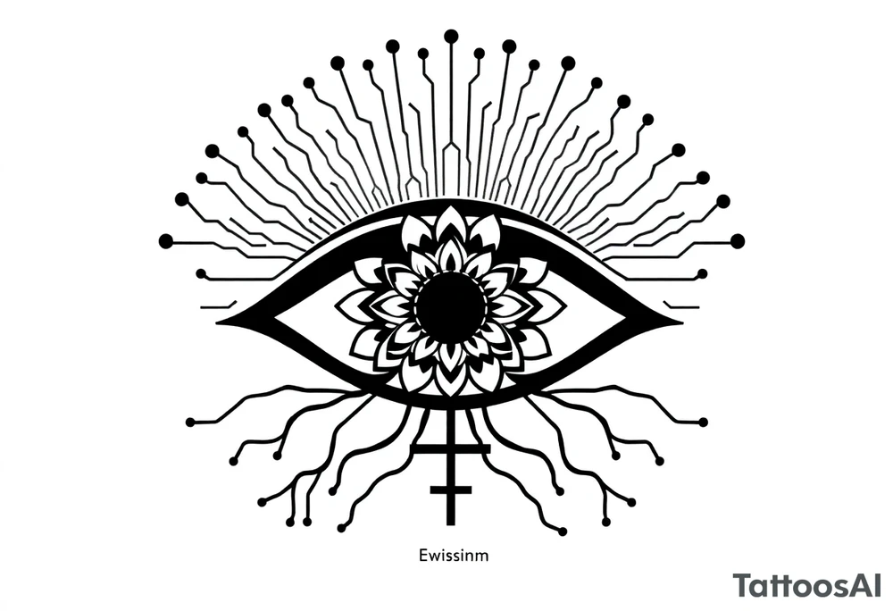 Central Element: A large, stylized eye is the focal point.
	•	The iris of the eye is filled with a mandala pattern, symbolizing depth, balance, and inner awareness.
	•	The lines are fine and clean, forming symmetrical layers and floral-like geometry within the mandala.
	•	Upper Design: From the top of the eye extend circuit-like branches, mimicking electronic pathways.
	•	These lines rise vertically and diagonally in symmetrical fashion, ending in rounded circuit nodes, representing intelligence, logic, and the digital mind.
	•	Lower Design: From the bottom of the eye extend natural tree roots.
	•	These branches flow organically and curve outward, grounding the symbol with themes of nature, growth, and spiritual connection.
	•	Text Element: Below the tree roots is the word “σοφία” in Ancient Greek, meaning wisdom.
	•	The font is clean and classical, giving it a timeless, philosophical presence.
	•	Religious Symbol: Directly below the Greek word is a simple, black cross. 
	•	The cross is thin, minimal, and vertically aligned with the center of the eye, representing faith, spirituality, or divine guidance.
	•	Placement: on the back tattoo idea