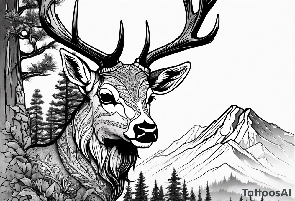 deer skull mountain trees tattoo idea