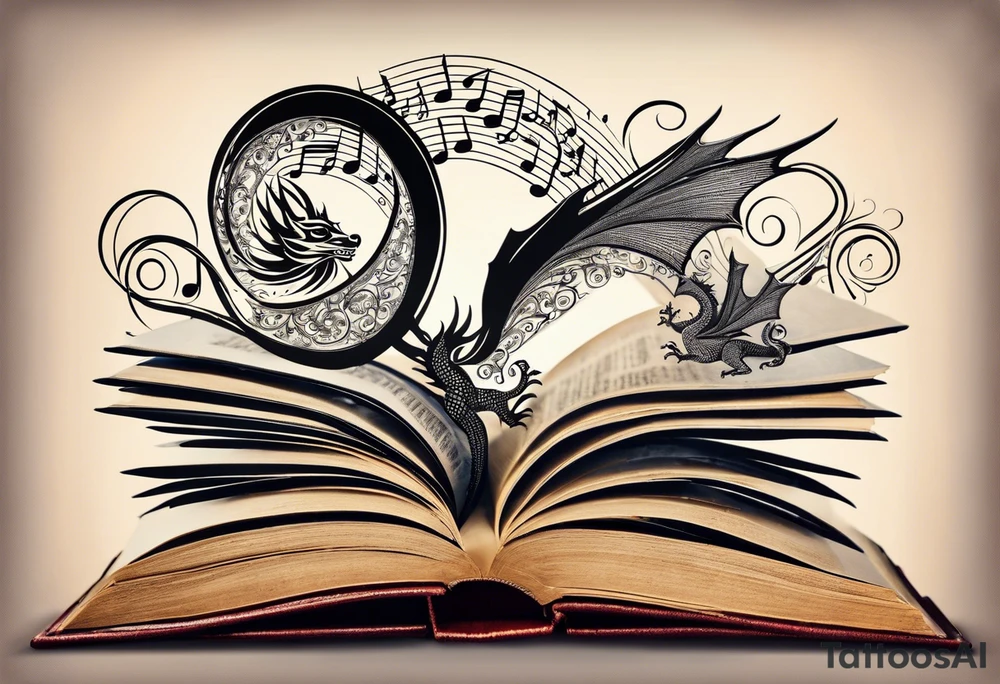 Design an intricate tattoo featuring a whimsical open book with pages that appear to flutter, as if caught in a gentle breeze. Above the book, a delicate small dragon silhouette, playfully spirals in the air. To the right, a pawn chess piece stands proudly. Just above, a singular, swirling music note dances, emanating a sense of melody and rhythm. On the left corner of the book, a majestic raven, cloaked in midnight hues, gazes contemplatively, feathers ruffled by an unseen wind. Below, a vibrant cluster of lavender flowers blooms, with a charming bumblebee hovering nearby, its wings a blur of golden energy. The entire composition intertwines elements of fantasy and nature, celebrating the magic of storytelling and creativity. tattoo idea