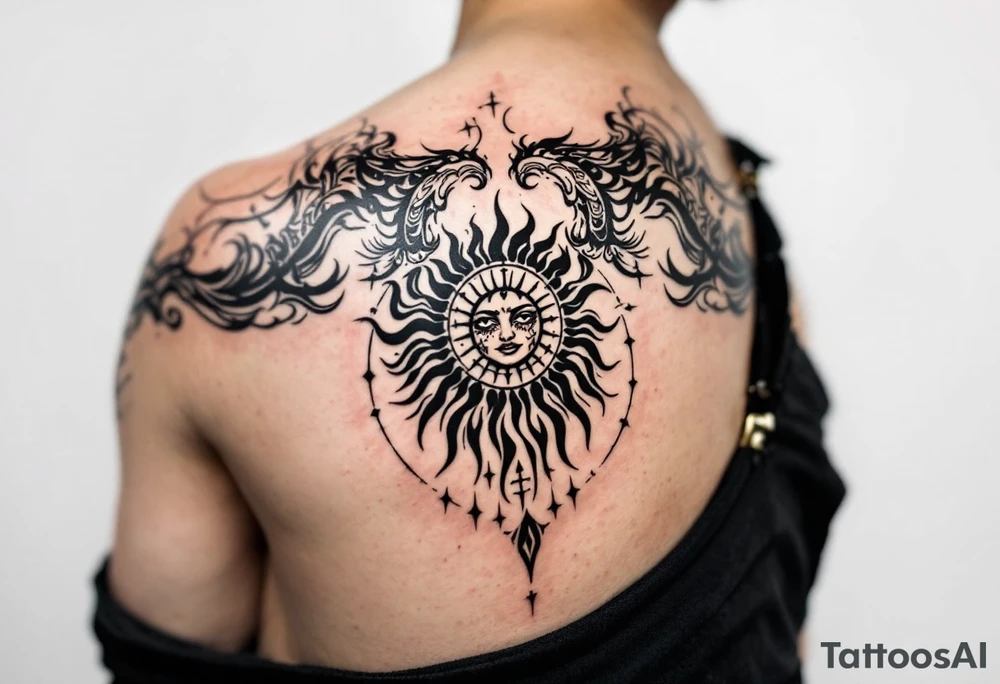Word "phuong" written with sun inner arm tattoo idea