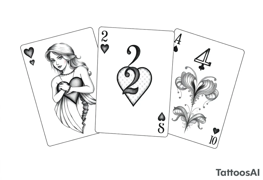 (Queen of hearts, 2 of hearts and 4 of hearts) playing cards tattoo idea