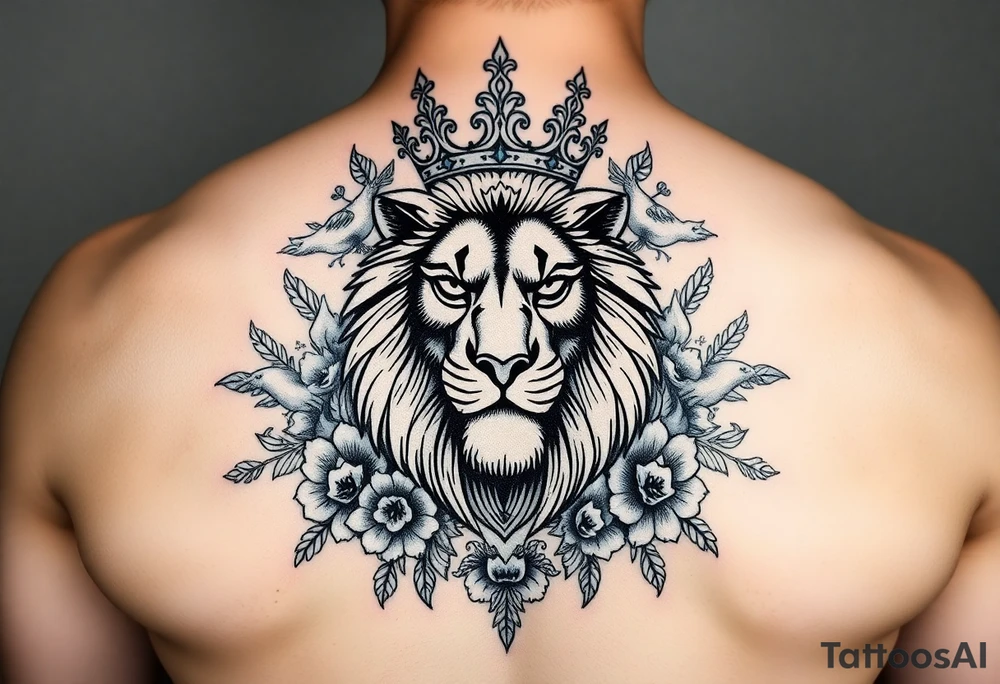 powerful majestic lion with a crown, surrounded by floral ornaments and birds tattoo idea