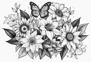 Small cluster containing sunflowers, lilies, diamonds and butterflies tattoo idea