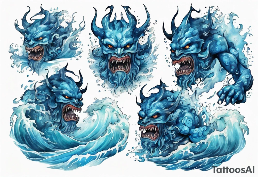 a beautiful blue sea demon standing in the sea surrounded by crashing waves tattoo idea