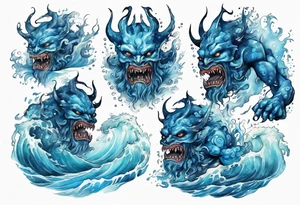 a beautiful blue sea demon standing in the sea surrounded by crashing waves tattoo idea