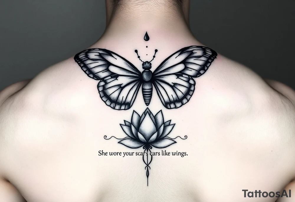 Spine tattoo that has a butterfly with cracked wings and lotus flower with quote that says she wore her scars like wings tattoo idea