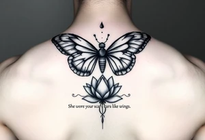 Spine tattoo that has a butterfly with cracked wings and lotus flower with quote that says she wore her scars like wings tattoo idea