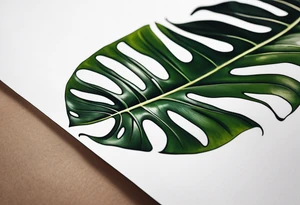 Abstract but realistic monstera leaf tattoo to go on the right leg on the outside of the leg next to the shin with a stem going down behind the ankle. Make it not so dark with lighter shading tattoo idea