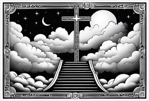 A heavenly stairway to heaven with clouds with a cross with a cross necklace with biblical verses tattoo idea