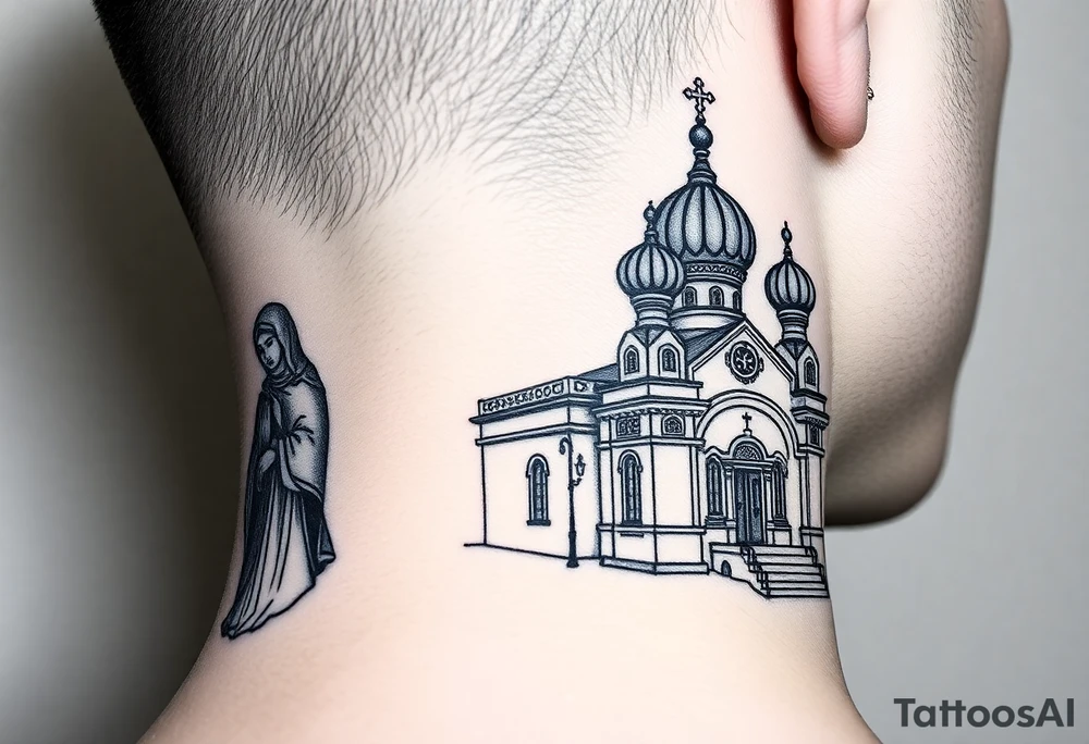 medium sized Russian orthodox church with bulb domes with a prominent russian orthodox style virgin mary stood outside to the left tattoo idea