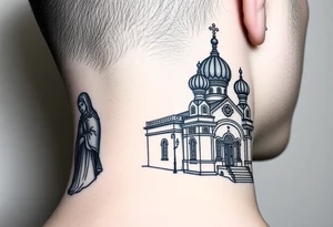 medium sized Russian orthodox church with bulb domes with a prominent russian orthodox style virgin mary stood outside to the left tattoo idea