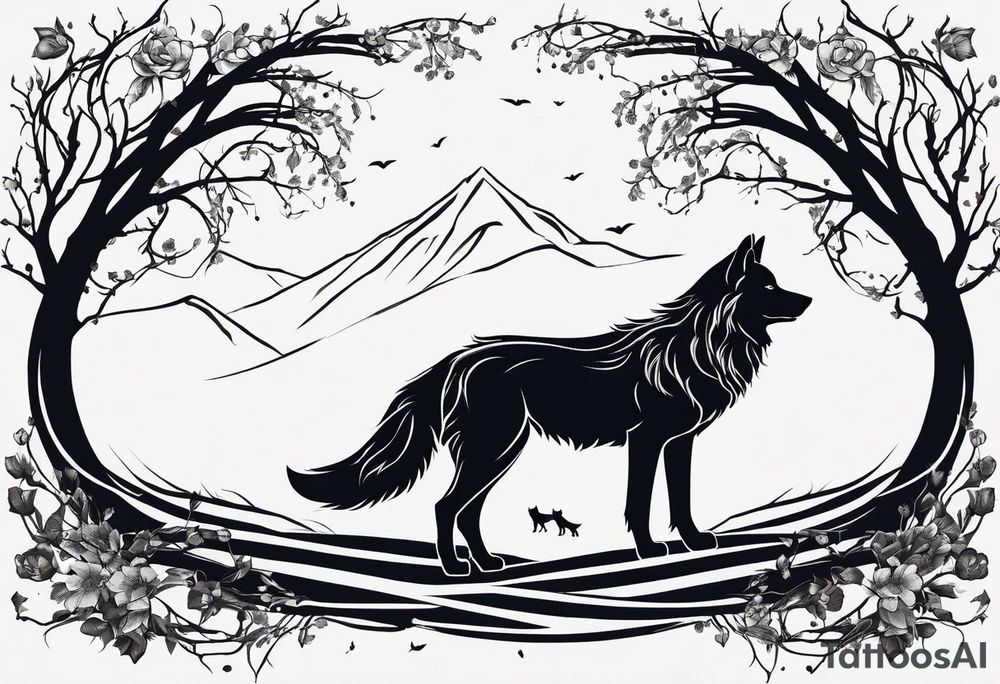 Two curved lines diverge, representing paths. Two wolves. One path is barren. The other path sprouts small leaves. Silhouette of a hunched wolf at the end of the barren path. Silhouette of a standing, open wolf at the end of the flowering path tattoo idea