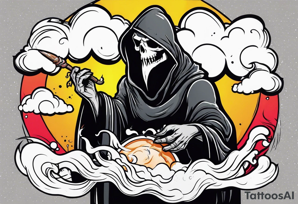 Reaper death seal, licking the life with his hand. With smoke clouds tattoo idea