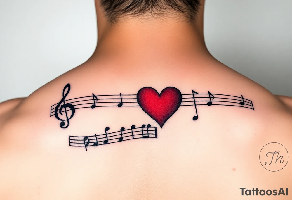 Music staff with treble clef and music notes with Ekg line in middle of tattoo with red heart tattoo idea
