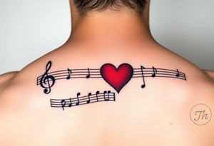 Music staff with treble clef and music notes with Ekg line in middle of tattoo with red heart tattoo idea