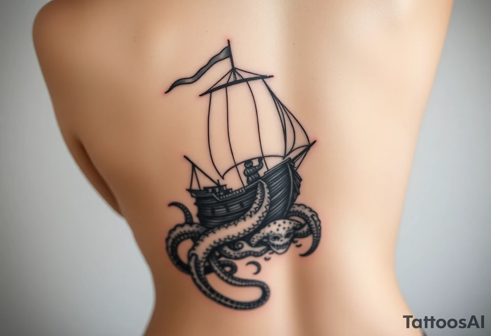 Vertical female side and hip tattoo pirate ship getting sunk by the kraken tattoo idea