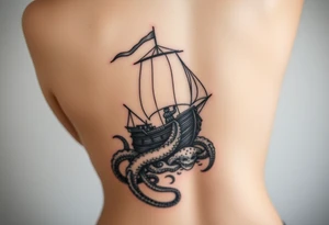 Vertical female side and hip tattoo pirate ship getting sunk by the kraken tattoo idea