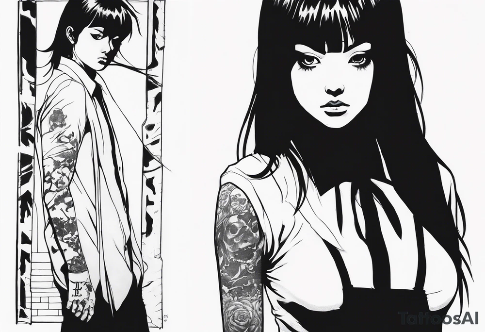 portrait of tomie standing up a character by the horror manga author junji ito full body standing murderously. add more horror and gore elements tattoo idea