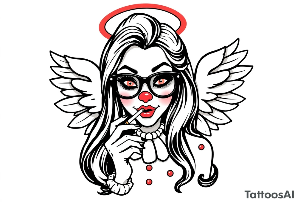 beautiful long hair pin up Clown Girl pays thug eyeglasses  angelic wings smoking a cigarette tattoo idea