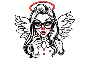 beautiful long hair pin up Clown Girl pays thug eyeglasses  angelic wings smoking a cigarette tattoo idea