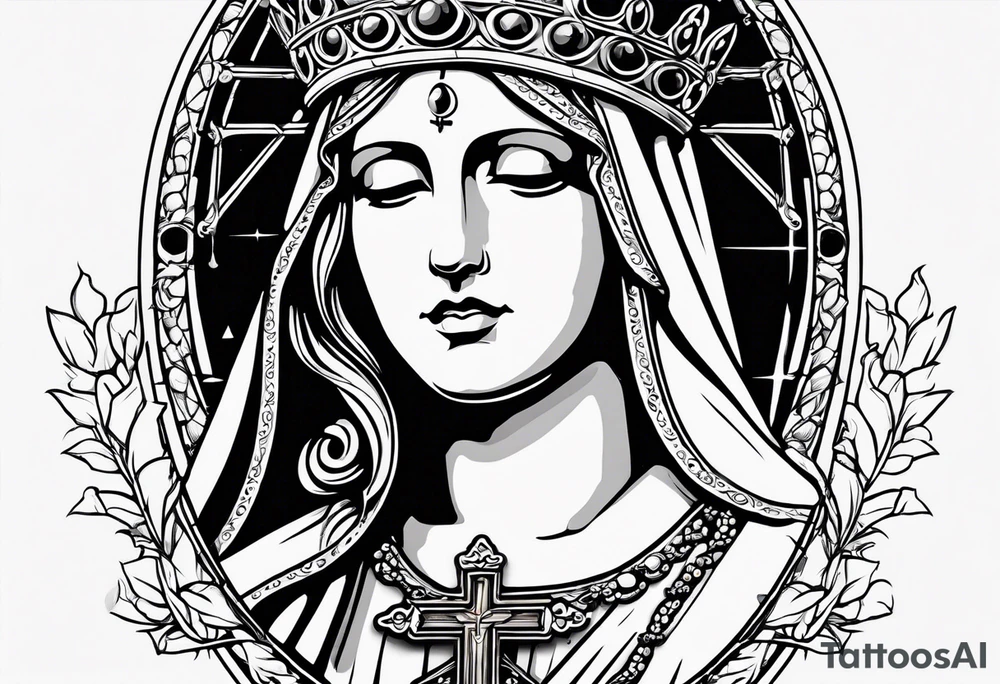 virgin mary with a rosary and crown of thorns tattoo idea