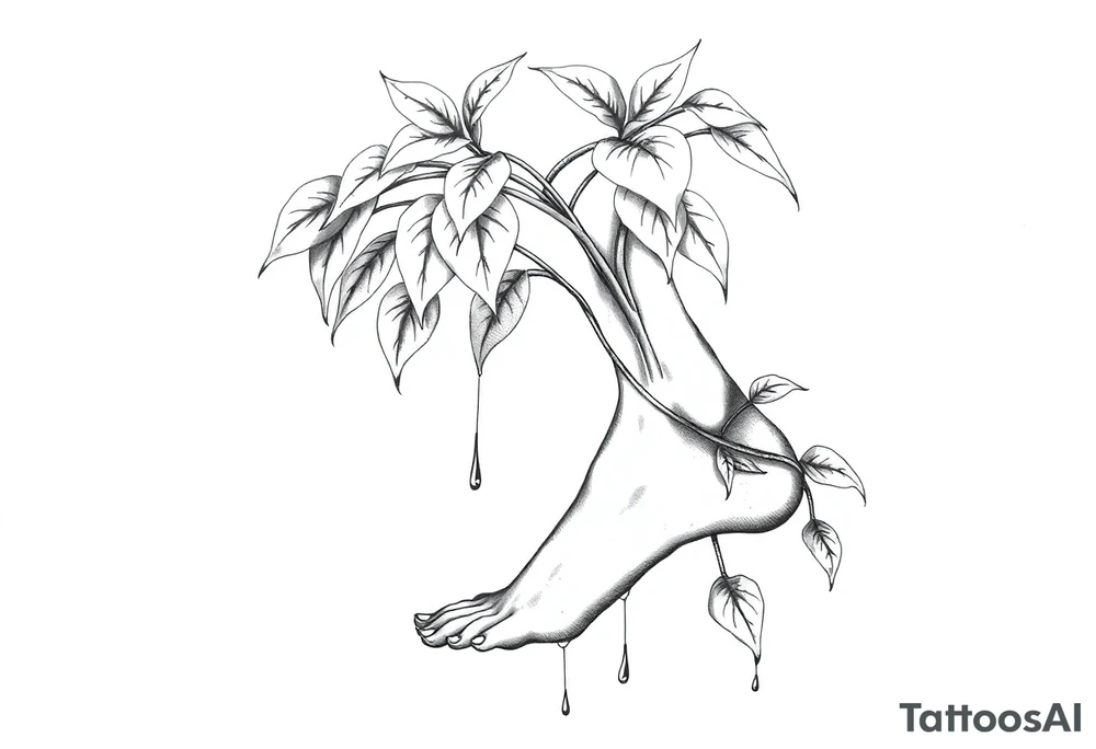 plant with long leaves, dripping like ink, growing up the left foot to the cleavage tattoo idea