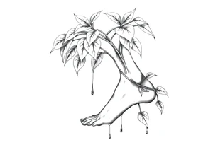 plant with long leaves, dripping like ink, growing up the left foot to the cleavage tattoo idea