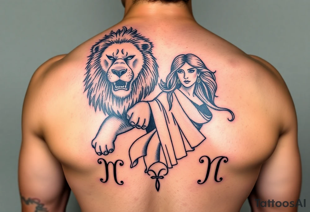 Roaring Leo lion holding virgo woman with robe and wavy hair, add Sagittarius female and Capricorn male below these tattoo idea