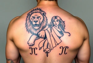 Roaring Leo lion holding virgo woman with robe and wavy hair, add Sagittarius female and Capricorn male below these tattoo idea