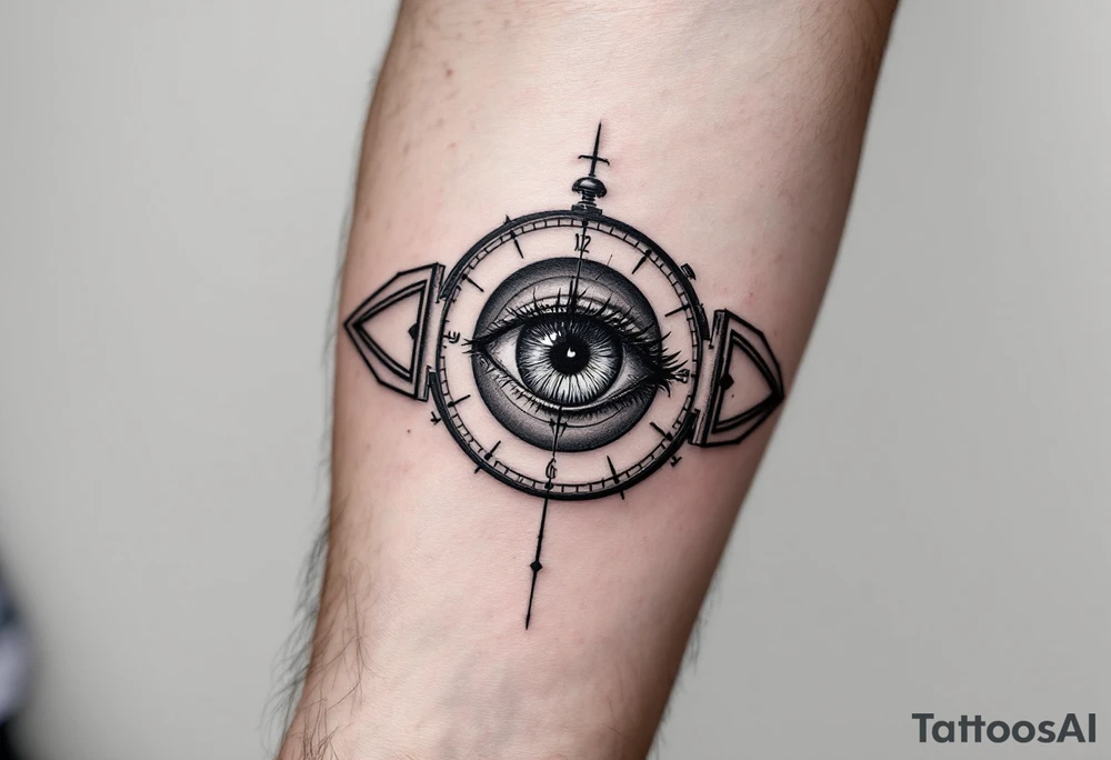 A surreal clock with an eye in place of the dial, eyelids opening like doors, intricate detail, realistic shading, black and gray. tattoo idea