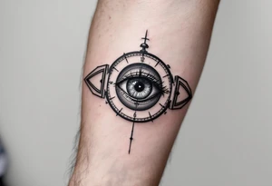 A surreal clock with an eye in place of the dial, eyelids opening like doors, intricate detail, realistic shading, black and gray. tattoo idea