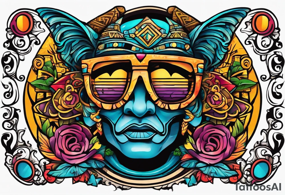 Colorful Mayan hieroglyph wearing sunglasses with waves and bats tattoo idea