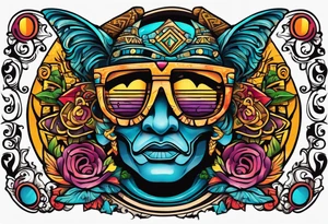 Colorful Mayan hieroglyph wearing sunglasses with waves and bats tattoo idea