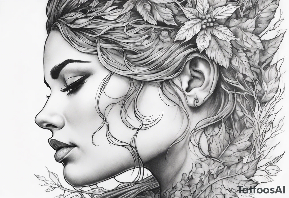 Forest goddess looking down side profile tree branches forming into her face middle arm sleeve tattoo idea