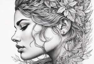 Forest goddess looking down side profile  tree branches forming into her face middle arm sleeve tattoo idea