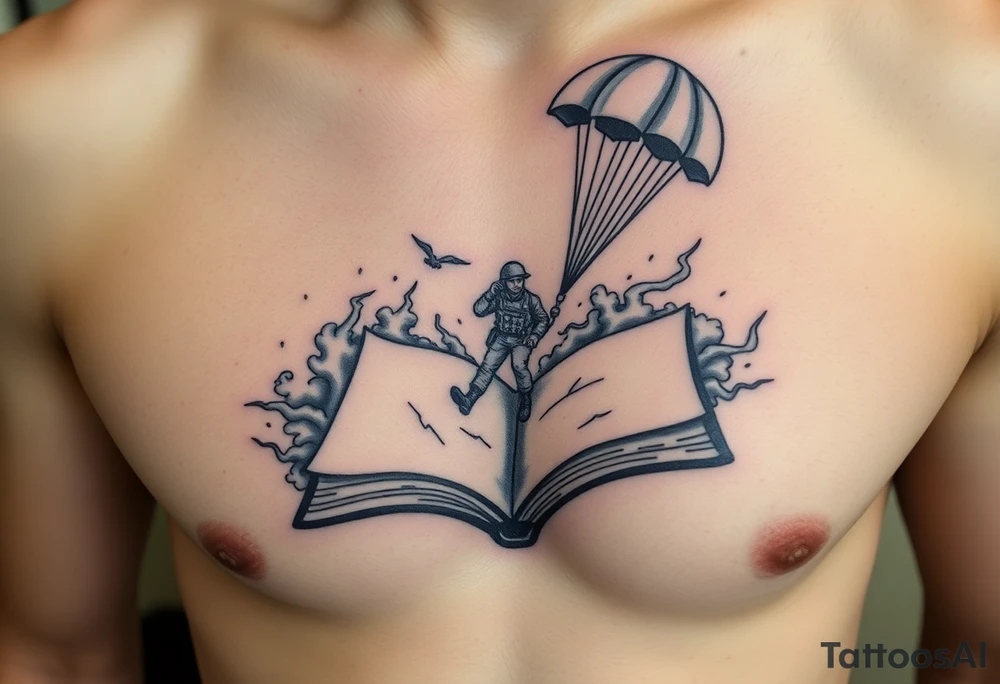 A parachuting soldier landing into an open book. Chaos surrounding, but the book is protecting the soldier from it. On the chest. Make the tattoo smaller. Make it thought provoking. Make the chaos in the environment be an eerie mist. Make the pages in the book be blank. Just one soldier, no other characters. the book is old. tattoo idea