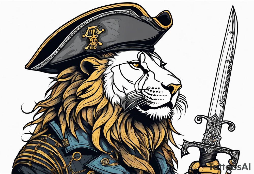 Pirate lion wearing jacket, sword and pistol, nautical steampunk theme. dreadlocks. tattoo idea