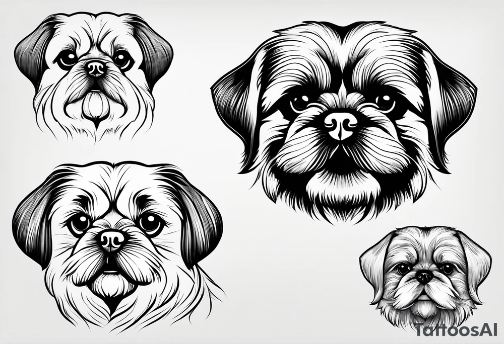 A mixed breed Pekingese and Shih-Tzu dog. Just the contours of the outline of his face. He has big eyes and cute crooked teeth. A one-line drawing. tattoo idea