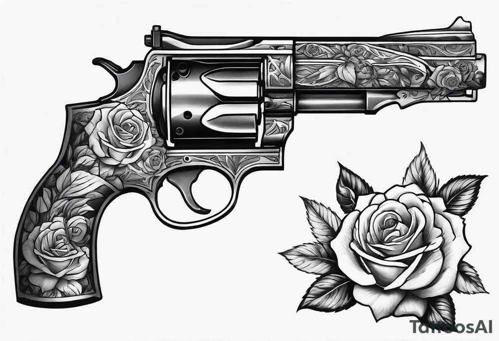 Sleeve tattoo showing a intricately decorative revolver shooting out a burst of roses. tattoo idea