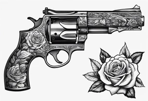 Sleeve tattoo showing a intricately decorative revolver shooting out a burst of roses. tattoo idea