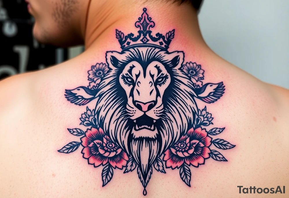 powerful majestic lion with a crown, surrounded by floral ornaments and birds tattoo idea