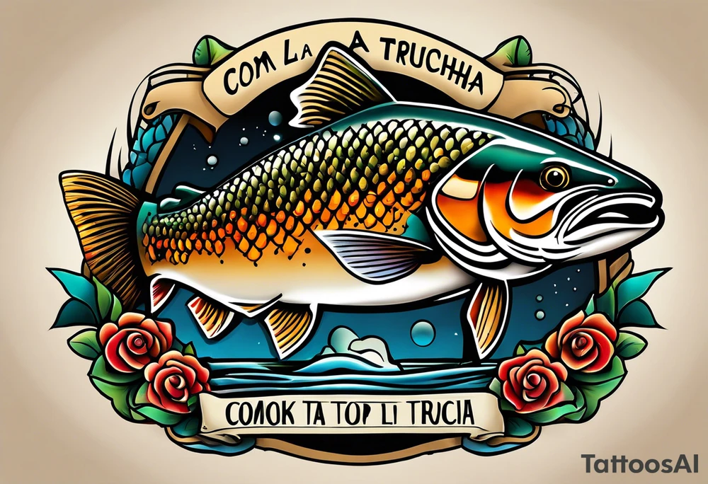 A small tattoo with a shaded trout and text that says, 'Como la trucha...' drawn with fine lines." tattoo idea