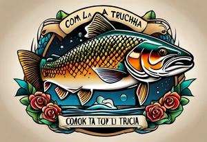 A small tattoo with a shaded trout and text that says, 'Como la trucha...' drawn with fine lines." tattoo idea