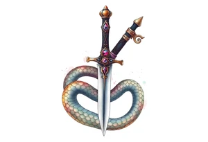 mystical snake coiled around an ancient dagger with jeweled hilt tattoo idea