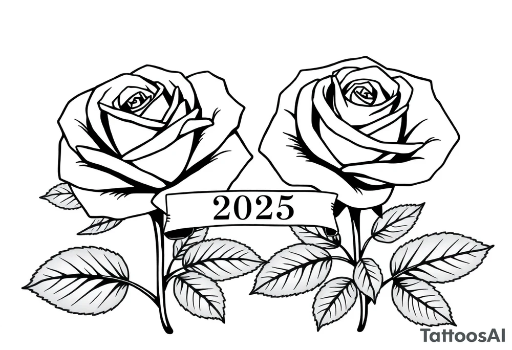two beautiful large rose buds, one larger than the other, with many leaves next to the rose buds, with one sitting slightly higher than the other, side-by-side.  Include a banner connecting the two roses with the year 2025 on it.   Use dark outlines with little shading. No stems tattoo idea