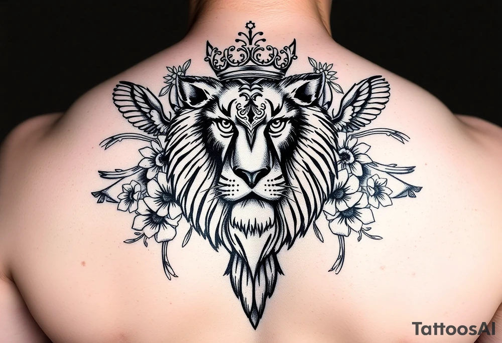 powerful majestic lion with a crown and owl  surrounded by floral ornaments and birds tattoo idea