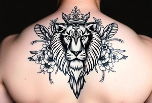 powerful majestic lion with a crown and owl  surrounded by floral ornaments and birds tattoo idea