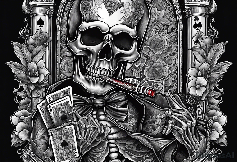 Phrase: "Don't deal with the devil"
skeleton smoking cigar with poker chips, dealing the cards tattoo idea