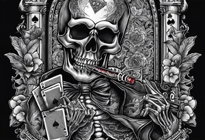Phrase: "Don't deal with the devil"
skeleton smoking cigar with poker chips, dealing the cards tattoo idea
